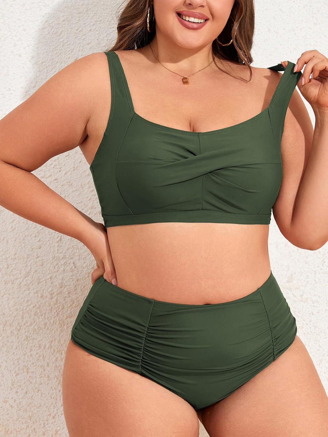 imageAmerican Trends Womens Plus Size Bikini 2 Piece Plus Size Swimsuits Tummy Control Bathing Suits High Waisted BikiniArmy Green