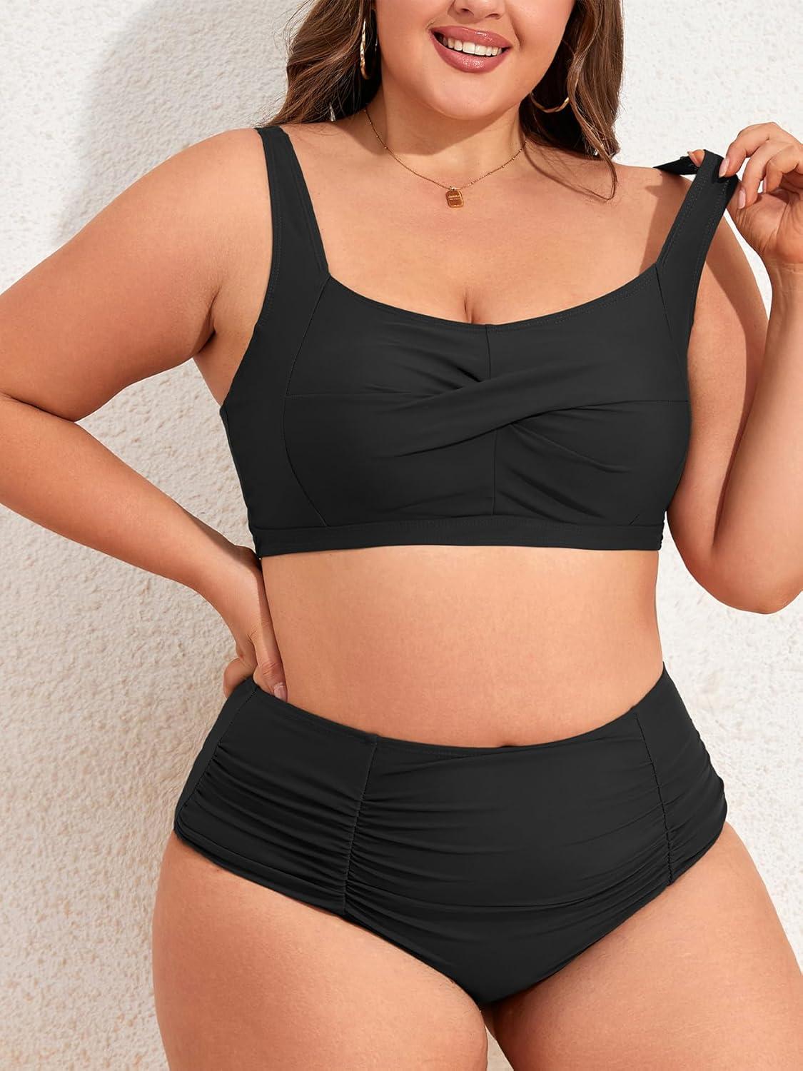 imageAmerican Trends Womens Plus Size Bikini 2 Piece Plus Size Swimsuits Tummy Control Bathing Suits High Waisted BikiniBlack