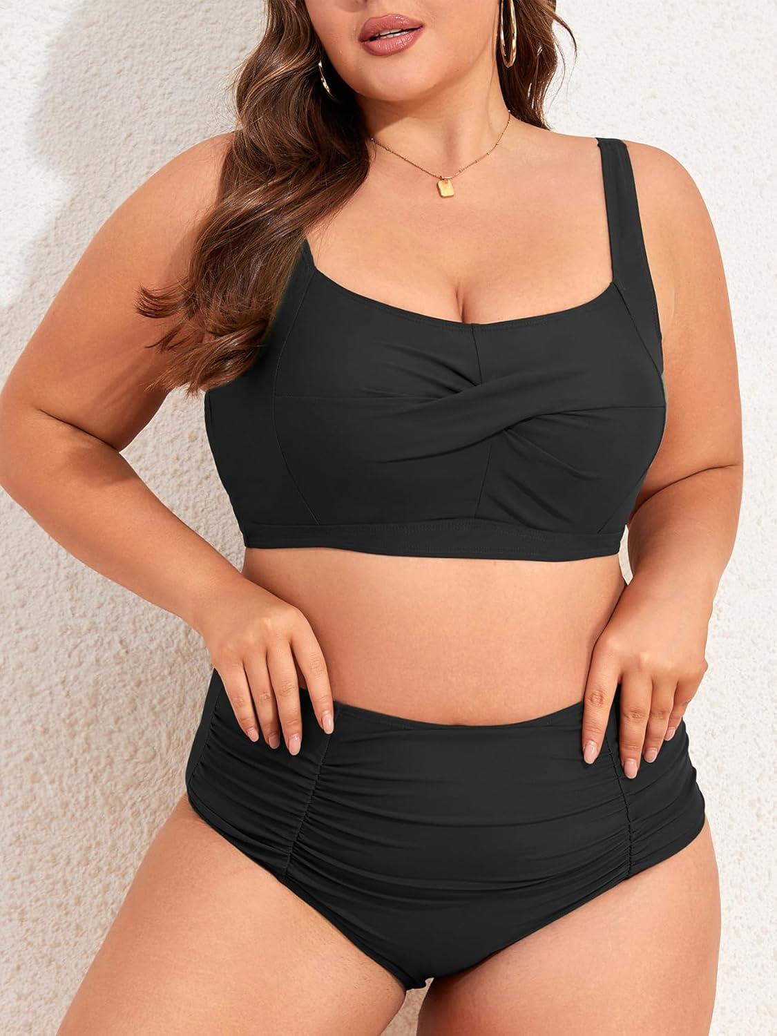 imageAmerican Trends Womens Plus Size Bikini 2 Piece Plus Size Swimsuits Tummy Control Bathing Suits High Waisted BikiniBlack
