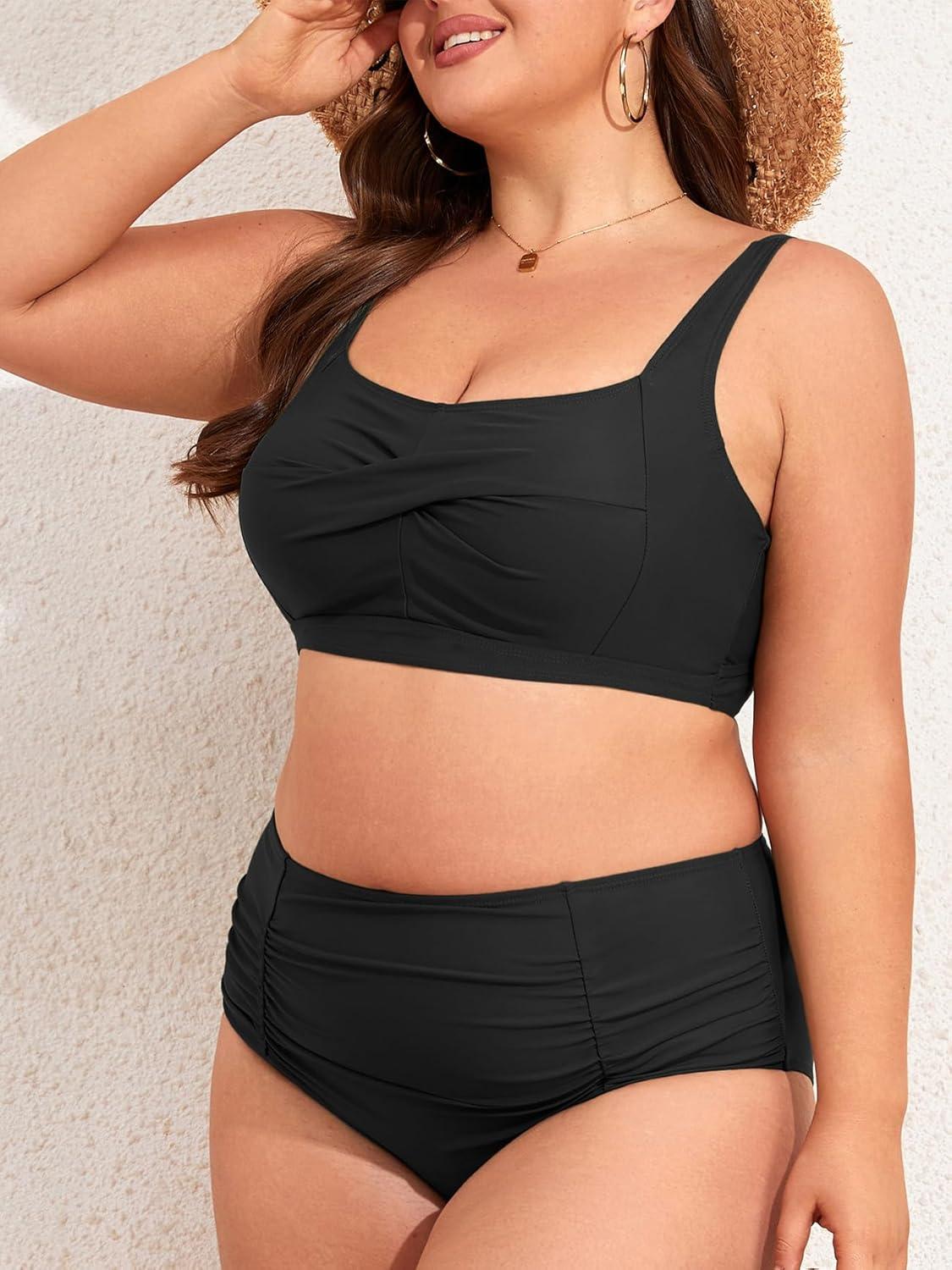 imageAmerican Trends Womens Plus Size Bikini 2 Piece Plus Size Swimsuits Tummy Control Bathing Suits High Waisted BikiniBlack