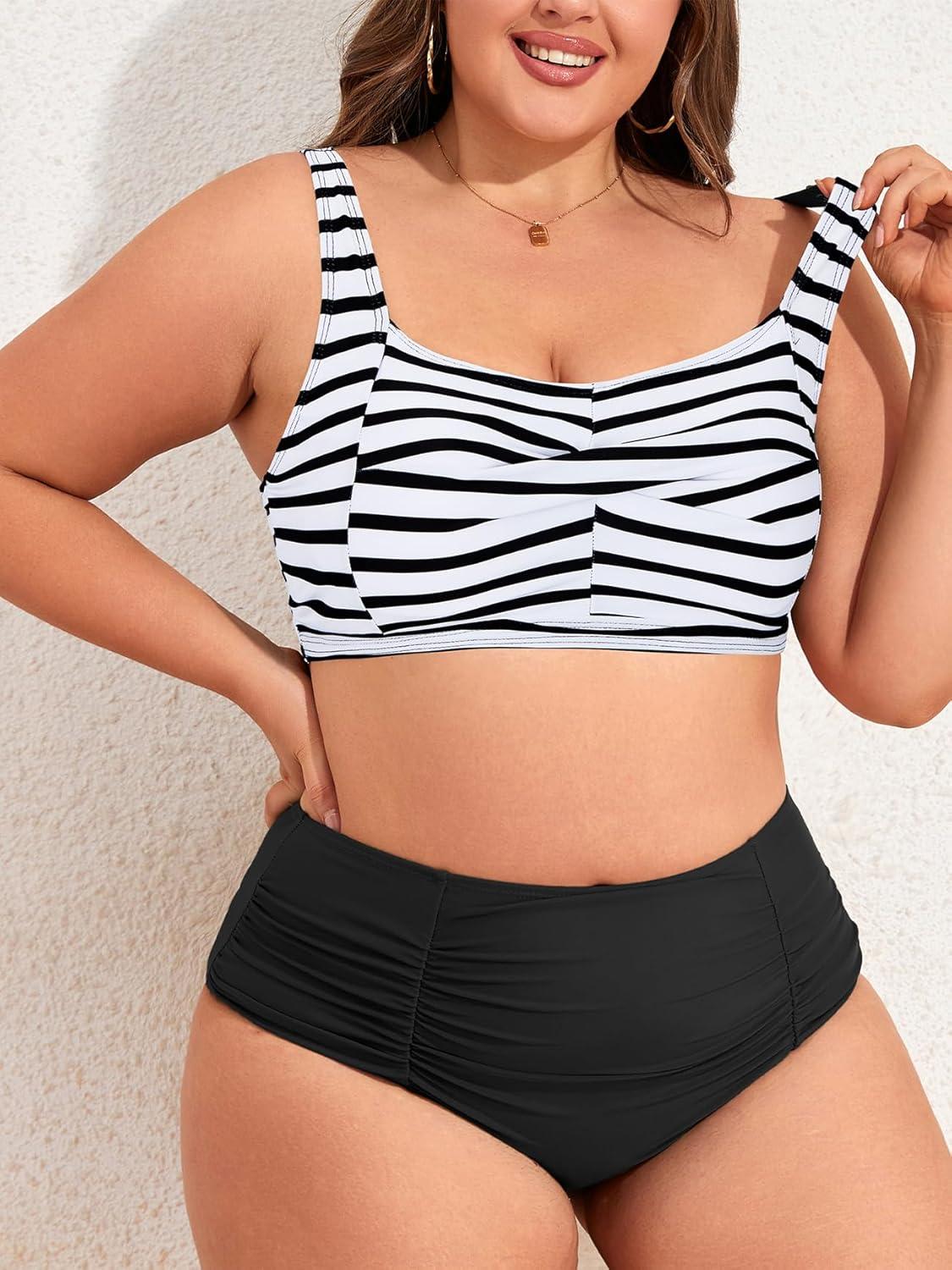 imageAmerican Trends Womens Plus Size Bikini 2 Piece Plus Size Swimsuits Tummy Control Bathing Suits High Waisted BikiniBlack and White Stripes