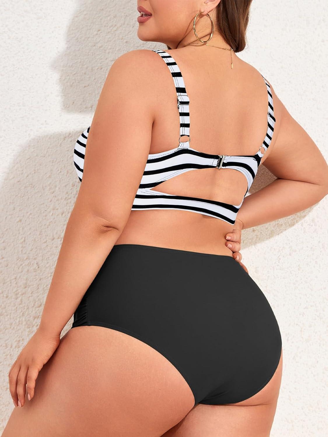imageAmerican Trends Womens Plus Size Bikini 2 Piece Plus Size Swimsuits Tummy Control Bathing Suits High Waisted BikiniBlack and White Stripes