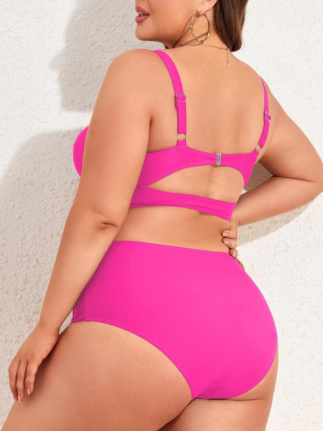 imageAmerican Trends Womens Plus Size Bikini 2 Piece Plus Size Swimsuits Tummy Control Bathing Suits High Waisted BikiniRose Red