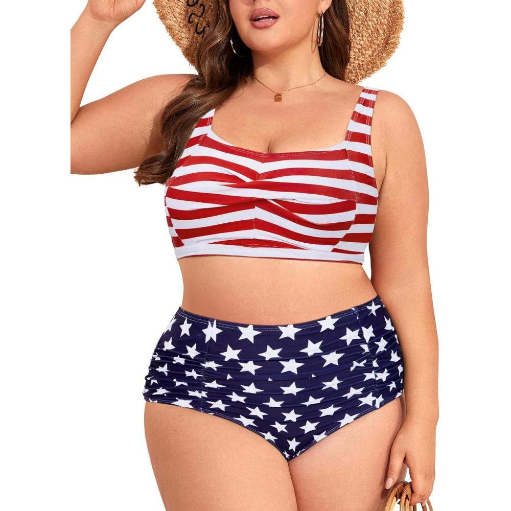 imageAmerican Trends Womens Plus Size Bikini 2 Piece Plus Size Swimsuits Tummy Control Bathing Suits High Waisted BikiniAmerican Flag