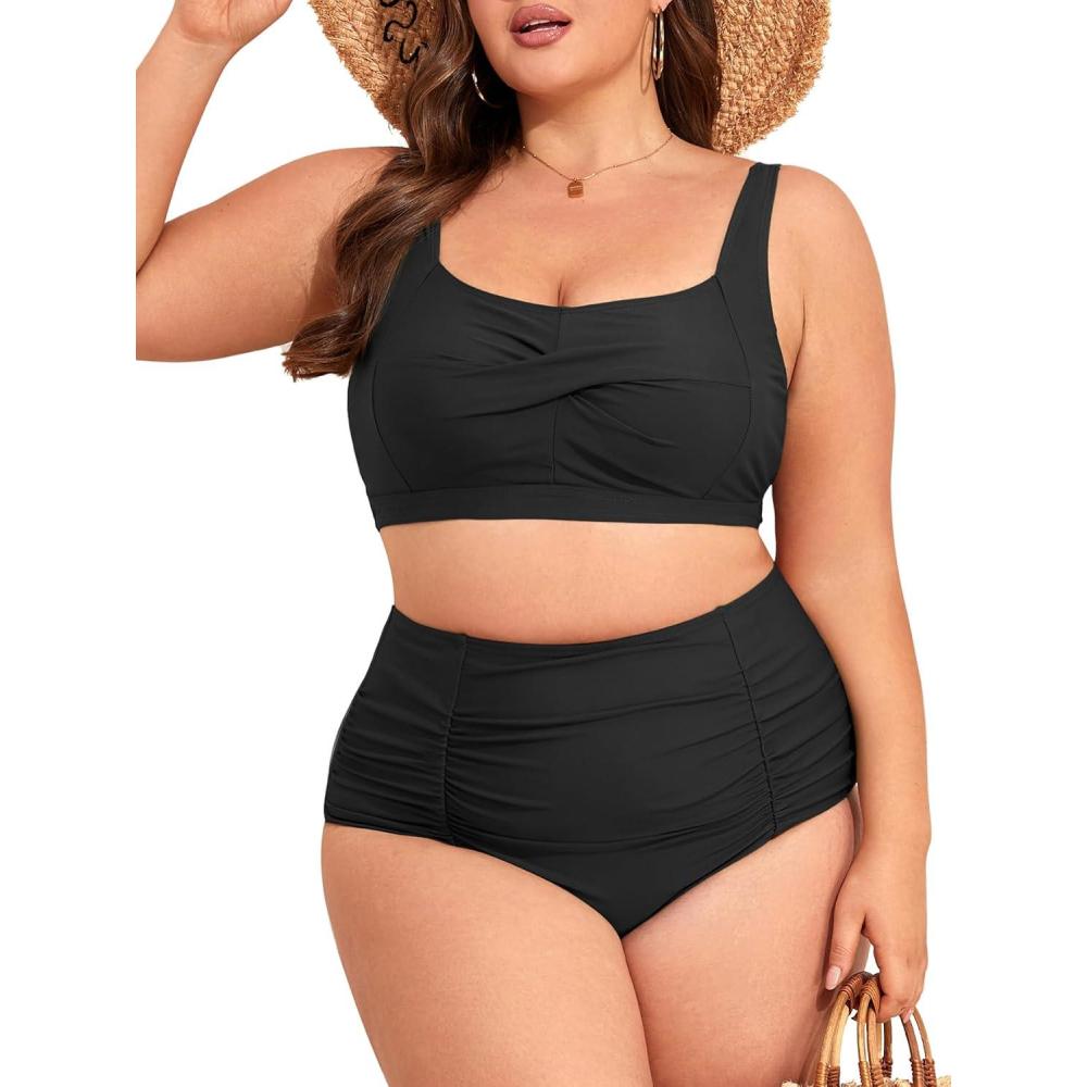 imageAmerican Trends Womens Plus Size Bikini 2 Piece Plus Size Swimsuits Tummy Control Bathing Suits High Waisted BikiniBlack