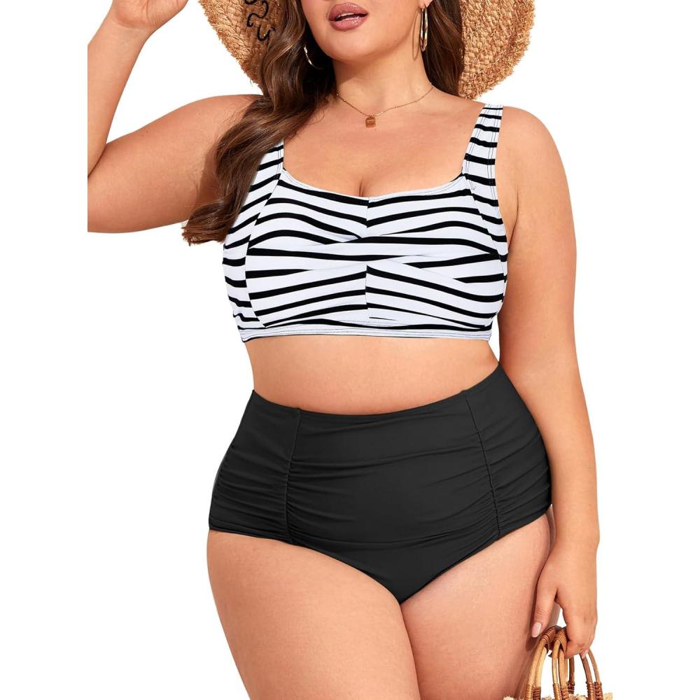 imageAmerican Trends Womens Plus Size Bikini 2 Piece Plus Size Swimsuits Tummy Control Bathing Suits High Waisted BikiniBlack and White Stripes