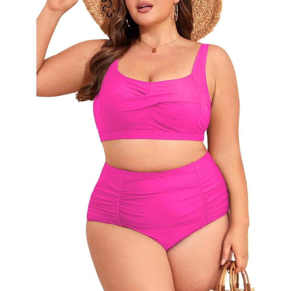 imageAmerican Trends Womens Plus Size Bikini 2 Piece Plus Size Swimsuits Tummy Control Bathing Suits High Waisted BikiniRose Red