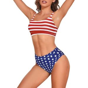 imageAmerican Trends Women High Waisted Cute Bikini Set Neon Bikini Two Piece Teen Swimsuit 2 Piece Bathing Suits Color BlockAmerican Flag