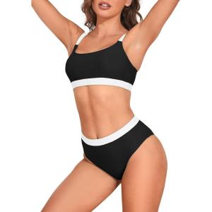 imageAmerican Trends Women High Waisted Cute Bikini Set Neon Bikini Two Piece Teen Swimsuit 2 Piece Bathing Suits Color BlockBlack White Swimsuit