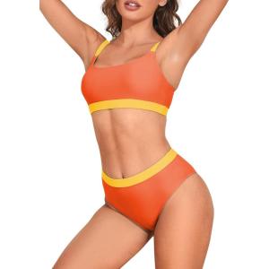 imageAmerican Trends Women High Waisted Cute Bikini Set Neon Bikini Two Piece Teen Swimsuit 2 Piece Bathing Suits Color BlockOrange Swimsuit Set