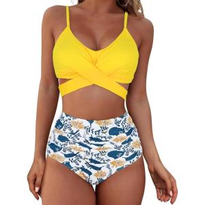 imageAmerican Trends Womens High Waisted Bikini Swimsuits Push Up Bikini Sets Sexy Bathing Suits Two Piece Swimsuit05yellow Print