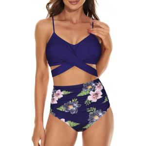imageAmerican Trends Womens High Waisted Bikini Swimsuits Push Up Bikini Sets Sexy Bathing Suits Two Piece SwimsuitNavy Floral Print