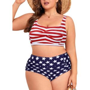 imageAmerican Trends Womens Plus Size Bikini 2 Piece Plus Size Swimsuits Tummy Control Bathing Suits High Waisted BikiniAmerican Flag