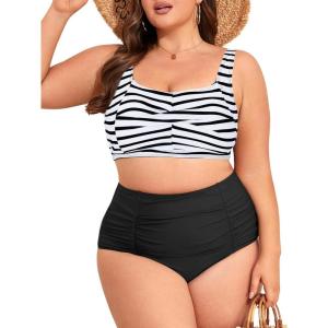 imageAmerican Trends Womens Plus Size Bikini 2 Piece Plus Size Swimsuits Tummy Control Bathing Suits High Waisted BikiniBlack and White Stripes