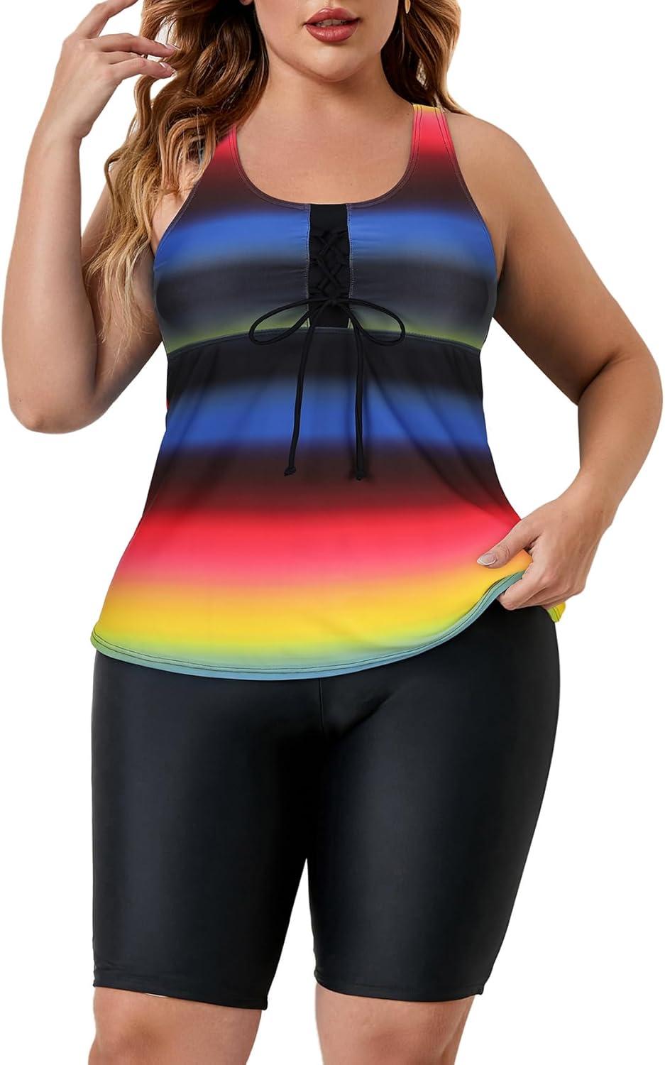 imageAmerican Trends Plus Size Swimsuits for Women Two Piece Tummy Control Plus Size Bathing Suits Boy Shorts TankiniMulticolor Stripes