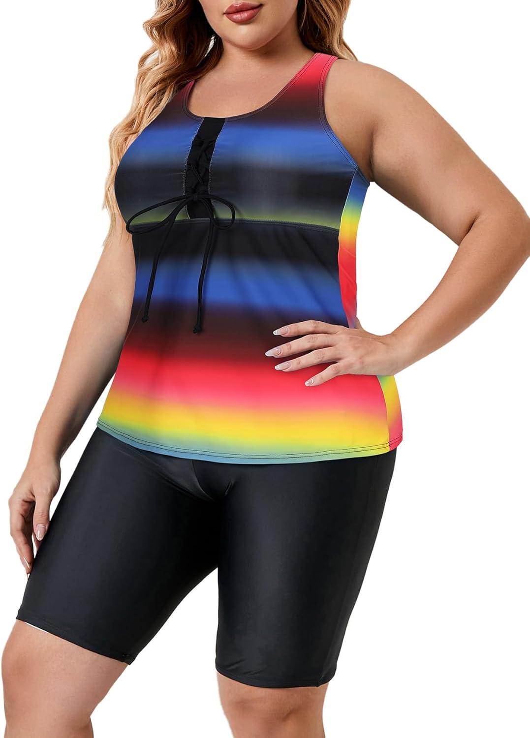 imageAmerican Trends Plus Size Swimsuits for Women Two Piece Tummy Control Plus Size Bathing Suits Boy Shorts TankiniMulticolor Stripes