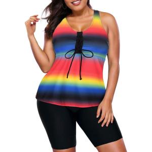 imageAmerican Trends Plus Size Swimsuits for Women Two Piece Tummy Control Plus Size Bathing Suits Boy Shorts TankiniMulticolor Stripes