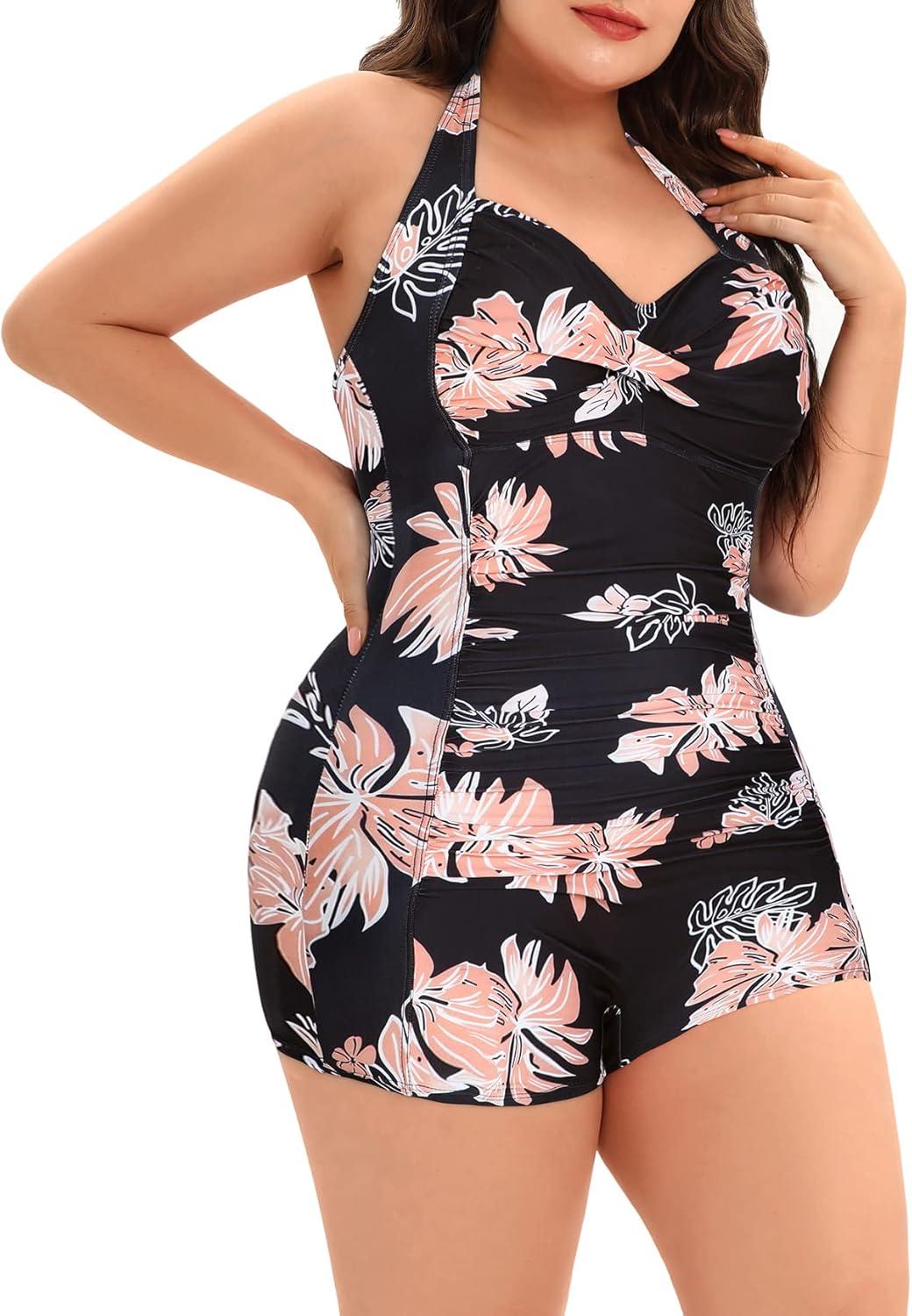 imageWomens Plus Size Bathing Suits One Piece Swimsuit Women Tummy Control Vintage Ruched SwimwearPink Floral