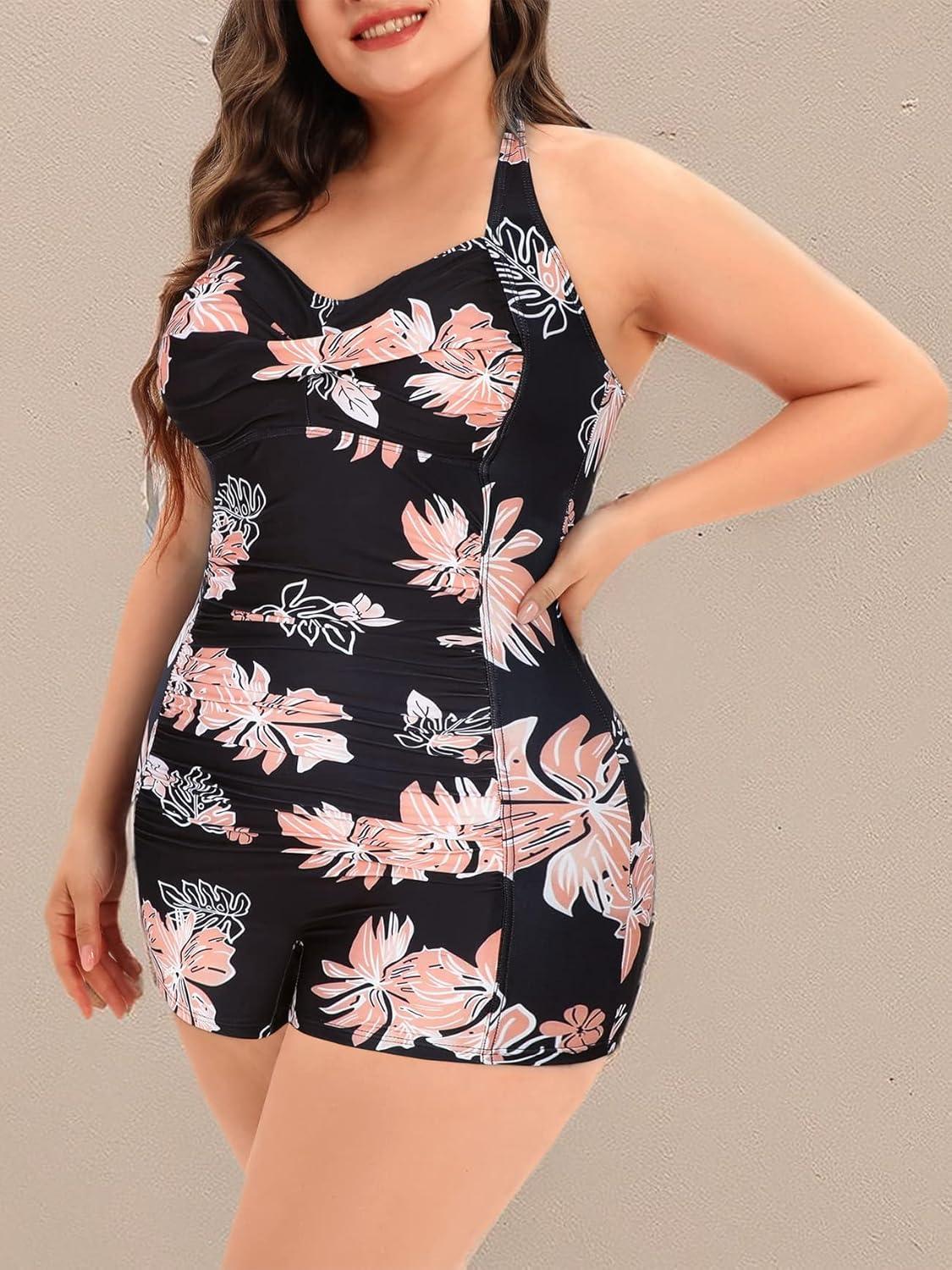 imageWomens Plus Size Bathing Suits One Piece Swimsuit Women Tummy Control Vintage Ruched SwimwearPink Floral