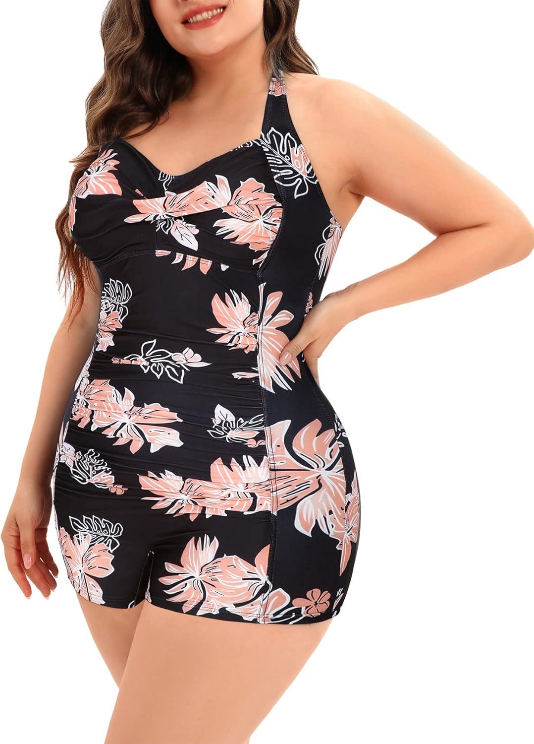 imageWomens Plus Size Bathing Suits One Piece Swimsuit Women Tummy Control Vintage Ruched SwimwearPink Floral