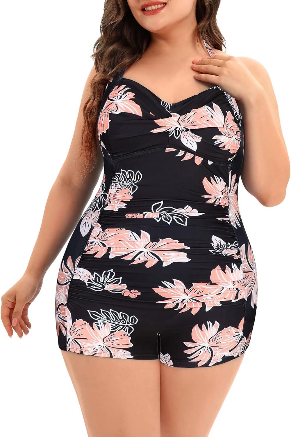 imageWomens Plus Size Bathing Suits One Piece Swimsuit Women Tummy Control Vintage Ruched SwimwearPink Floral
