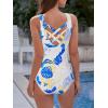 imageAthletic One Piece Swimsuits for Women Tummy Control Bathing Suits or Teen Girls Swimwear2 Blue Yellow Leaf