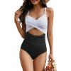 imageOne Piece Swimsuit Women Tummy Control Bathing Suit for Women Cutout High Waisted Cross Stripes SwimsuitsBlack Striped