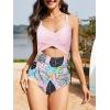 imageOne Piece Swimsuit Women Tummy Control Bathing Suit for Women Cutout High Waisted Cross Stripes SwimsuitsPink Print