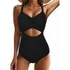 imageOne Piece Swimsuit Women Tummy Control Bathing Suit for Women Cutout High Waisted Cross Stripes SwimsuitsBlack