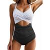 imageOne Piece Swimsuit Women Tummy Control Bathing Suit for Women Cutout High Waisted Cross Stripes SwimsuitsBlack Striped