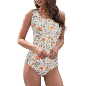 imageAmerican Trends One Piece Swimsuit Women Modest Bathing Suit Teen Girls Swim Suit Full Coverage Swimsuit Criss Cross BackOrange Flower Print