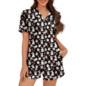 imageAmerican Trends Womens Pajama Sets Button Down Pajama Shorts Short Sleeve Pj Sets for Woman Y2k Pjs Lounge Sets SleepwearBlack Pink Rabbit