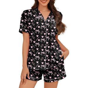 imageAmerican Trends Womens Pajama Sets Button Down Pajama Shorts Short Sleeve Pj Sets for Woman Y2k Pjs Lounge Sets SleepwearHeart Bow Black
