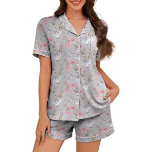 imageAmerican Trends Womens Pajama Sets Button Down Pajama Shorts Short Sleeve Pj Sets for Woman Y2k Pjs Lounge Sets SleepwearRabbit Love Grey