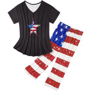imageAmerican Trends Womens Pajama Sets Two Piece Sleep Shirt Short Sleeve Cartoon Print Pj Set Tops with Capri Pants SleepwearAmerican Flag