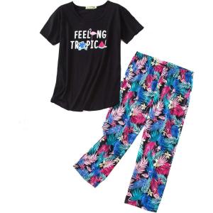 imageAmerican Trends Womens Pajama Sets Two Piece Sleep Shirt Short Sleeve Cartoon Print Pj Set Tops with Capri Pants SleepwearBlack Colorful Leaves