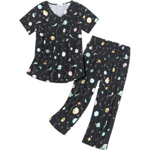 imageAmerican Trends Womens Pajama Sets Two Piece Sleep Shirt Short Sleeve Cartoon Print Pj Set Tops with Capri Pants SleepwearBlack Planet