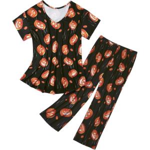 imageAmerican Trends Womens Pajama Sets Two Piece Sleep Shirt Short Sleeve Cartoon Print Pj Set Tops with Capri Pants SleepwearBlack Pumpkin
