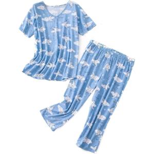 imageAmerican Trends Womens Pajama Sets Two Piece Sleep Shirt Short Sleeve Cartoon Print Pj Set Tops with Capri Pants SleepwearBlue Moon