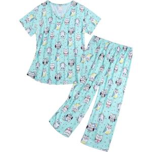 imageAmerican Trends Womens Pajama Sets Two Piece Sleep Shirt Short Sleeve Cartoon Print Pj Set Tops with Capri Pants SleepwearBluegreen Owl