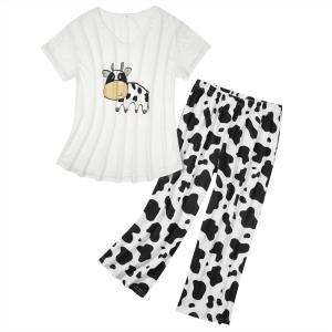 imageAmerican Trends Womens Pajama Sets Two Piece Sleep Shirt Short Sleeve Cartoon Print Pj Set Tops with Capri Pants SleepwearCow Print