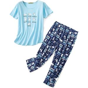imageAmerican Trends Womens Pajama Sets Two Piece Sleep Shirt Short Sleeve Cartoon Print Pj Set Tops with Capri Pants SleepwearDark Blue and White Cat