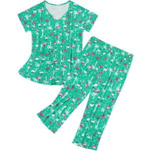 imageAmerican Trends Womens Pajama Sets Two Piece Sleep Shirt Short Sleeve Cartoon Print Pj Set Tops with Capri Pants SleepwearFlamingo on Green