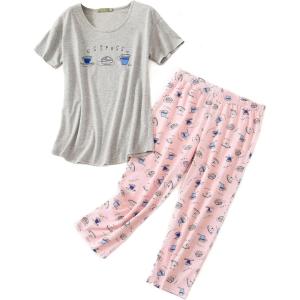 imageAmerican Trends Womens Pajama Sets Two Piece Sleep Shirt Short Sleeve Cartoon Print Pj Set Tops with Capri Pants SleepwearGray Powder Blue Cup