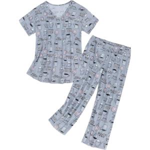 imageAmerican Trends Womens Pajama Sets Two Piece Sleep Shirt Short Sleeve Cartoon Print Pj Set Tops with Capri Pants SleepwearGrey Coffee