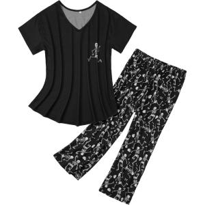 imageAmerican Trends Womens Pajama Sets Two Piece Sleep Shirt Short Sleeve Cartoon Print Pj Set Tops with Capri Pants SleepwearHalloween Skeleton