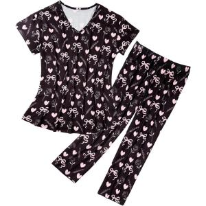 imageAmerican Trends Womens Pajama Sets Two Piece Sleep Shirt Short Sleeve Cartoon Print Pj Set Tops with Capri Pants SleepwearHeart Bow Black