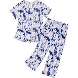 imageAmerican Trends Womens Pajama Sets Two Piece Sleep Shirt Short Sleeve Cartoon Print Pj Set Tops with Capri Pants SleepwearIndigo Powder