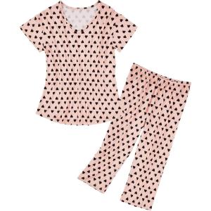 imageAmerican Trends Womens Pajama Sets Two Piece Sleep Shirt Short Sleeve Cartoon Print Pj Set Tops with Capri Pants SleepwearPink Black Heart
