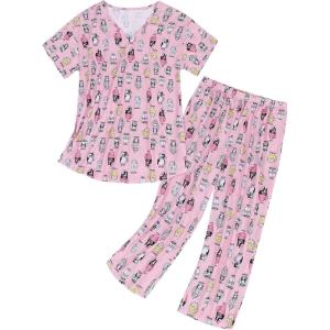 imageAmerican Trends Womens Pajama Sets Two Piece Sleep Shirt Short Sleeve Cartoon Print Pj Set Tops with Capri Pants SleepwearPink Cat Cup